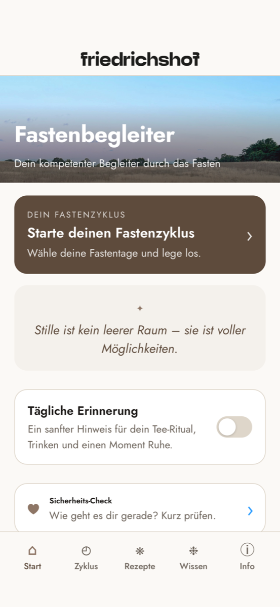 Fastenbegleiter-App: Startbildschirm mit Fastenzyklus, Erinnerungen und Rezepten